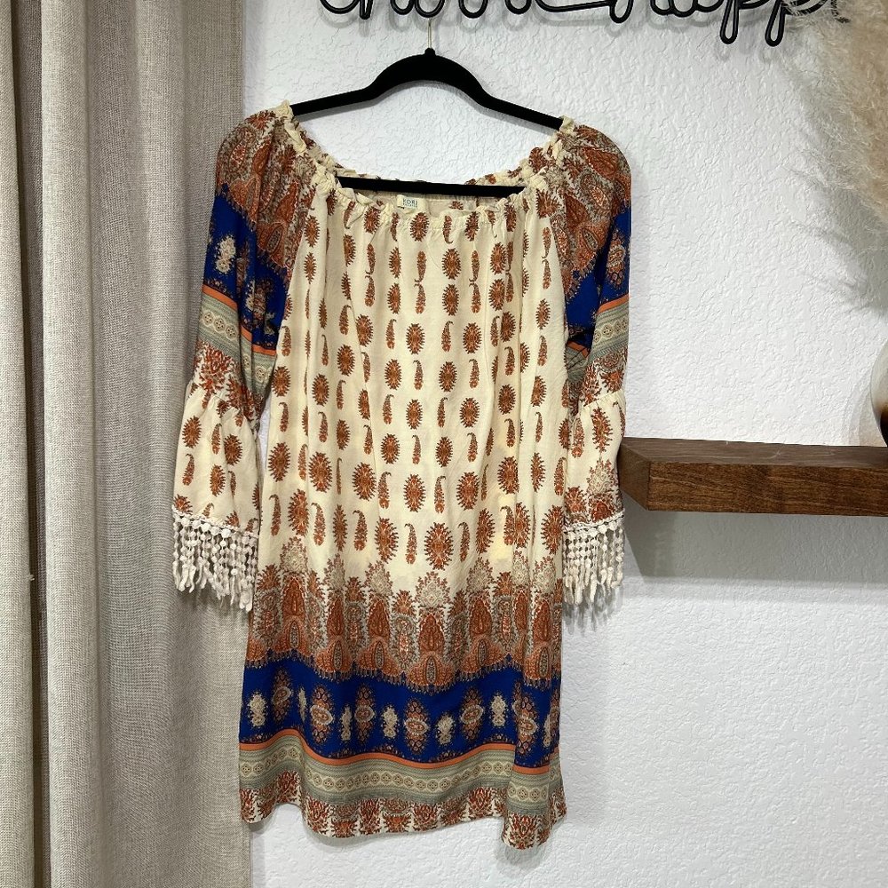 Kori America - Off Shoulder Tassel Sleeve Dress - Size S
